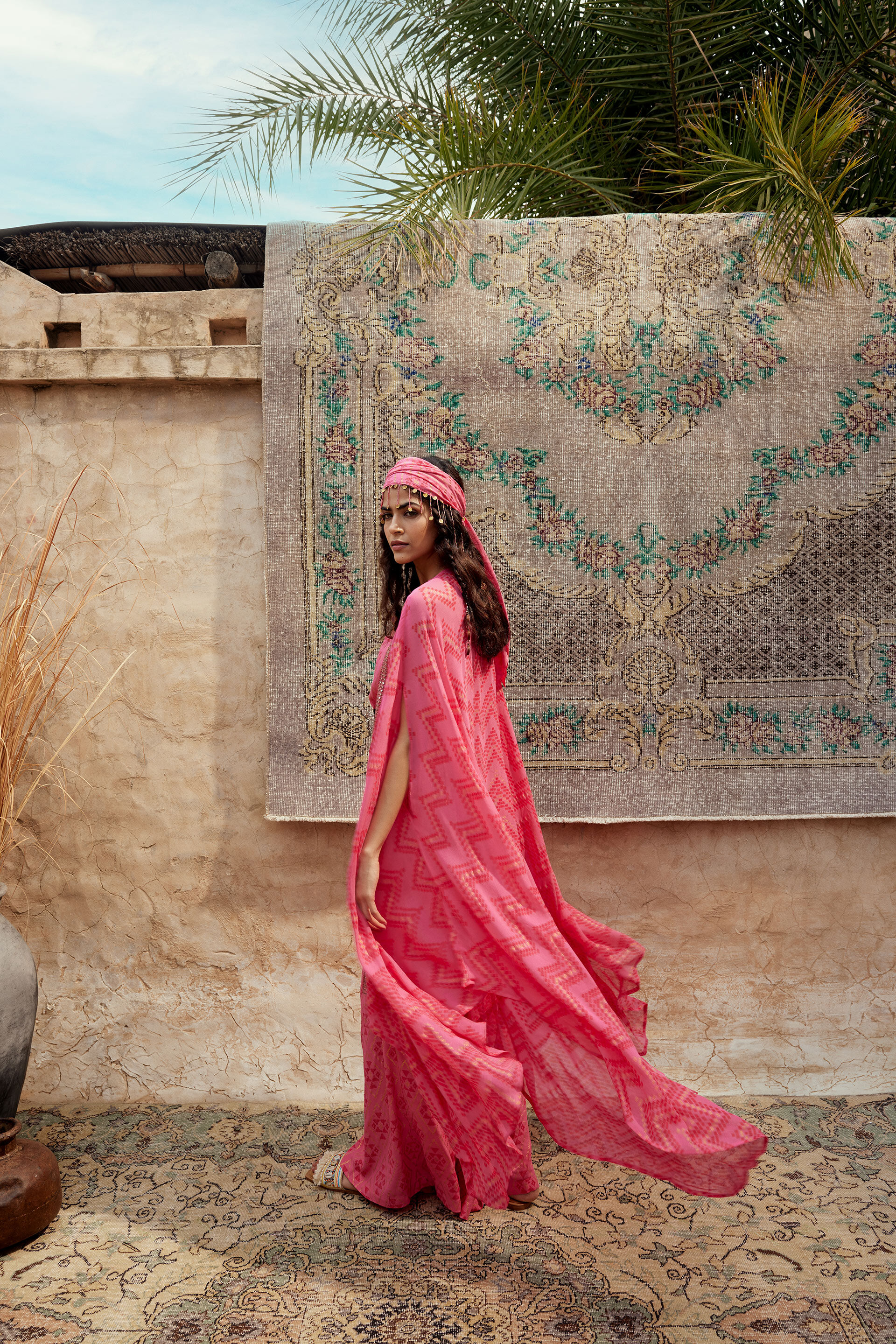 Pink Chevron Embroidered Palazzo Set, Pink, image 3